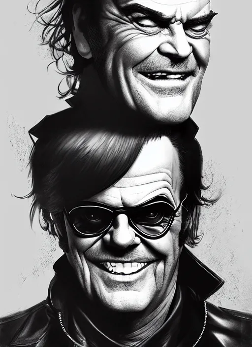 Prompt: a potrait of jack nicholson clothed in vinyl and leather as an anime, fine, realistic, shaded, lighting, ilya, kuvshinov, katsuhiro, artgerm, jeremy, lipkin, michael, garmash, unreal, engine, 5, radiant, light, detailed, intricate, environment