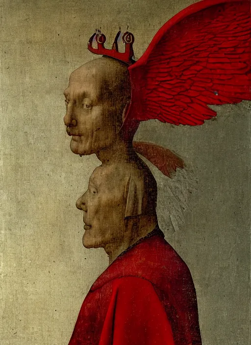 Image similar to profile of a fallen angel dressed in red with wings by Jan van Eyck, Hieronymus Bosch, Johannes Vermeer 4k post-processing, highly detailed medieval painting