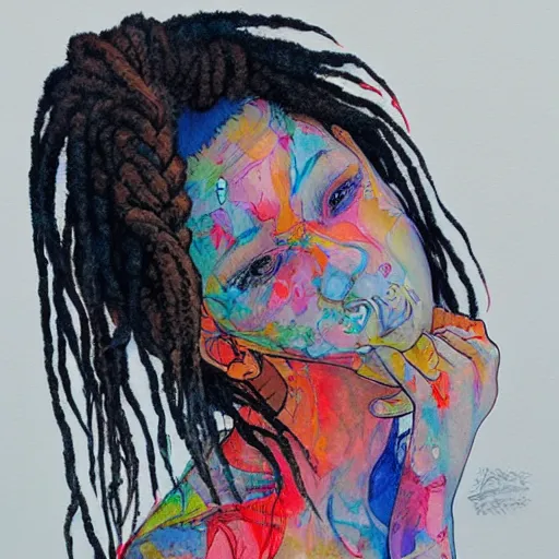 Prompt: james jean water color of a beautiful girl with dreadlock and a leather jacket