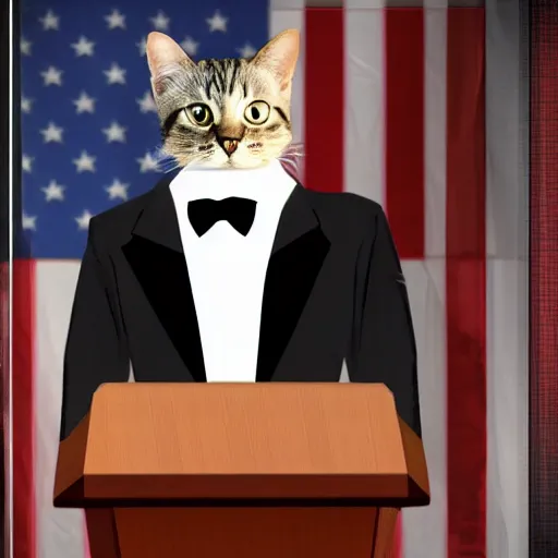 Image similar to a cat as the president of the united states giving a speech and wearing a suit in front of the american flag