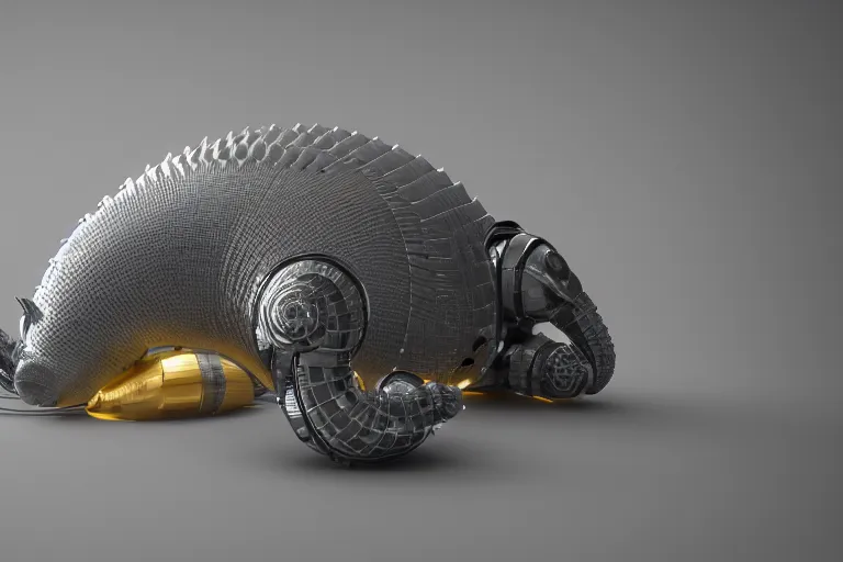 Prompt: an industrial design render of an advanced robotic armadillo curled up behind a bionic snail, industrial, biomimetic, bionic, synthetic aramid fiber, 3D octane render, 8K, artstation