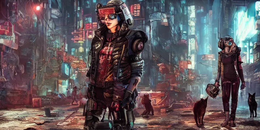 Image similar to cyberpunk cat gang, fallout 5, studio lighting, deep colors, apocalyptic setting, sneak peek into the future