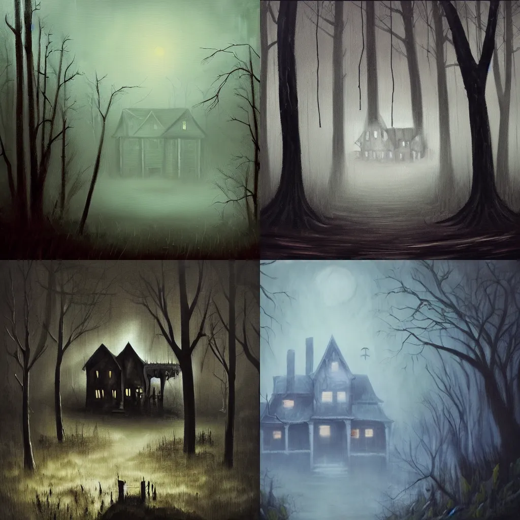Prompt: haunted house in a dark forest, fog, oil painting, sharp brush strokes, insomnia inducing, creepy