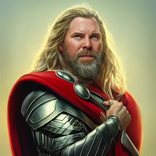 Image similar to portrait of Michael McKean as Thor, elegant, intricate, headshot, highly detailed, digital painting, artstation, concept art, sharp focus, illustration, art by artgerm and greg rutkowski and alphonse mucha