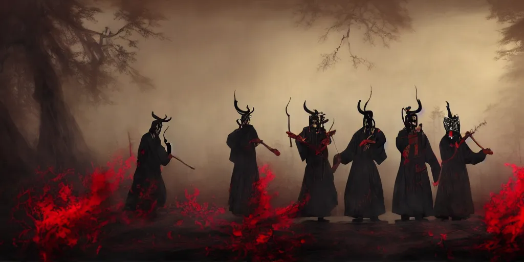 Image similar to 3 ancient chinese generals with chinese peking opera masks singing with guitars, the background is misty forest, full of red and black swirling smoke, harry potter, death eaters, dementors, craig mullins, albert bierstadt, greg rutkowski, tarkovski, realistic, highly detailed, artstation, early morning, atmospheric, aestetic, moody