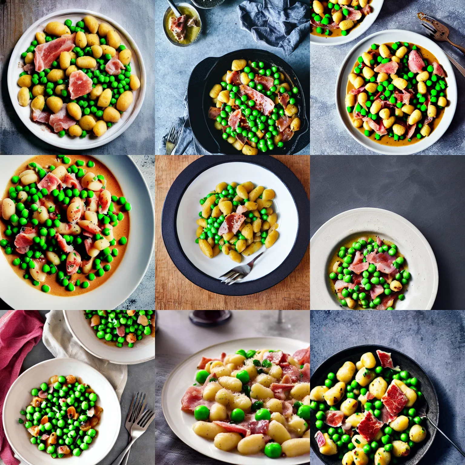 Prompt: gnocchi with speck and peas sauce, food photography