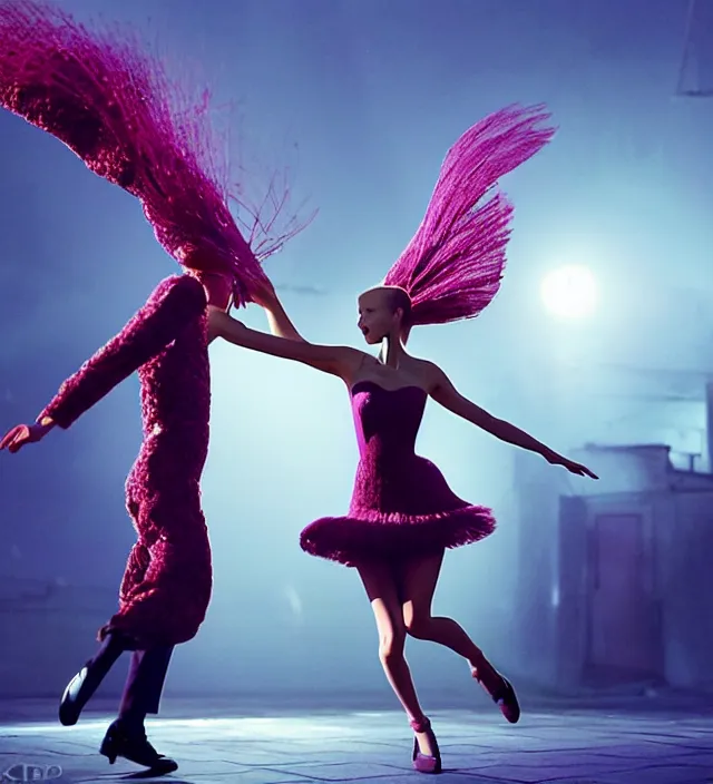 Image similar to la la land unseen film scene of gaz station by night starring seductive actress doing steps dancing and dressed by an organic looking dress from designer * iris van herpen *, with stylish colorfull makeup. intriguing soft back lighting, highly detailed, skin grain detail, photography by paolo roversi, nick knight