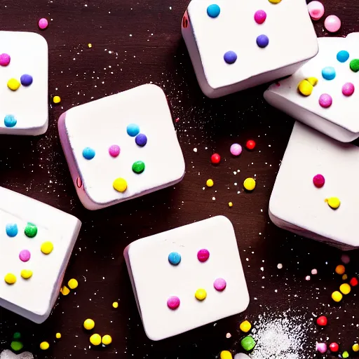 Image similar to photograph of a delicious marshmallow cube with sprinkles on a dark wooden chopping board, pastel colours, professional food photography, photorealistic, depth of field, 4 k, canon 1 d, bohek