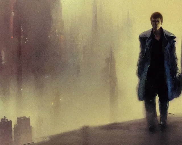 Image similar to 2 0 1 8 blade runner movie young man very young clint eastwood in his youth look at the cityscape from roof perfect face fine realistic face pretty face reflective polymer suit tight neon puffy jacket blue futuristic sci - fi elegant by denis villeneuve tom anders zorn hans dragan bibin thoma greg rutkowski ismail inceoglu illustrated sand storm alphonse mucha