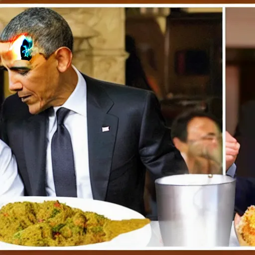 Image similar to Messi and Obama eat hummus and falafel