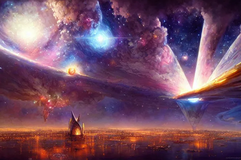 Image similar to The golden city of New Jersualem in the clouds, the orion nebula in the sky, nebula, fantasy city, fantastical architecture, divine, holy, art by Stephan Martinière, Martinière artwork, fantasy, beautiful, HD