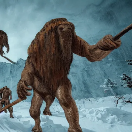 Prompt: cave men hunting a mammoth in a blizzard digitial art