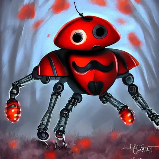 Prompt: ladybug as a robot, fantasy art style, scary atmosphere, nightmare - like dream