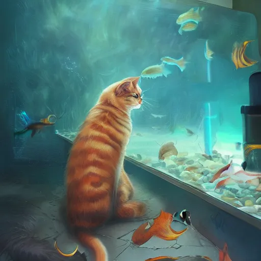 Prompt: cat attacks the fish tank mandy jurgens golden ratio, art canvas, award winning, masterpiece trending on artstation 8 k 1 5 0 mpx