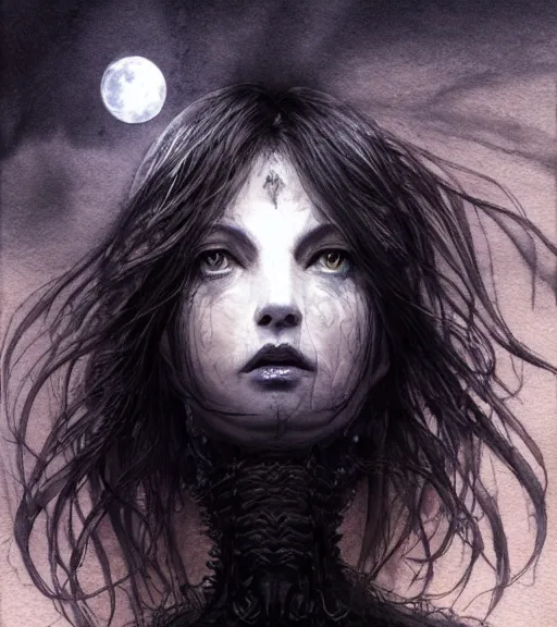 Image similar to portrait, female dark Witch in front of the full big moon, watercolor, dramatic lighting, cinematic, establishing shot, extremely high detail, foto realistic, cinematic lighting, pen and ink, intricate line drawings, by Yoshitaka Amano, Ruan Jia, Kentaro Miura, Artgerm, post processed, concept art, artstation, matte painting, style by eddie mendoza, raphael lacoste, alex ross