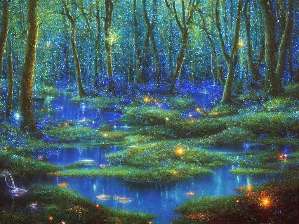 Prompt: a cinematic beautiful forest full of ethereal sparkling glowing blue lights, a glistening glittery pond and river, soft lighting, ultra high detail, oil on canvas, HD, by Gilbert Williams