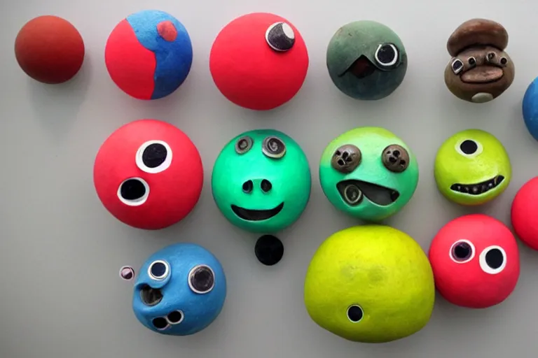 Prompt: cute spherical monsters representing fundamental particles, made of FIMO, by John Chamberlain