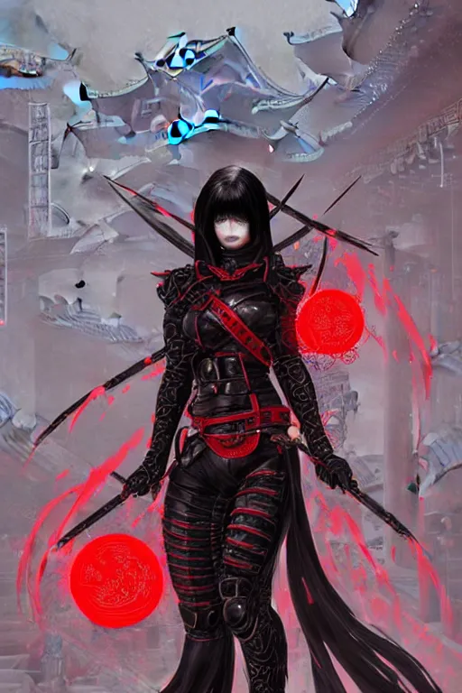 Image similar to portrait Ninja gaiden girl, armored black and red ninja wardrobe, in ruin japanese rainny temple night, ssci-fi and fantasy, intricate and very very beautiful and elegant, highly detailed, digital painting, artstation, concept art, smooth and sharp focus, illustration, art by tian zi and WLOP and alphonse mucha