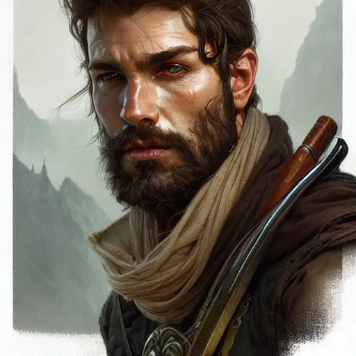 Image similar to Portrait of rugged male ranger, D&D, amber eyes, face, long hair, muscular, fantasy, intricate, elegant, highly detailed, digital painting, artstation, concept art, smooth, sharp focus, illustration, art by artgerm and greg rutkowski and alphonse mucha