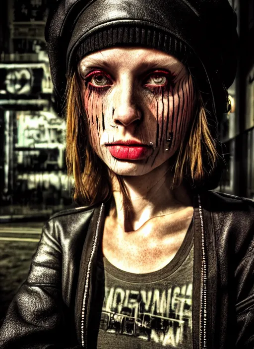Image similar to portrait photo, 3 5 mm lomography, female doorwoman, gang clothing fashion, id magazine, by david cronenberg, hyperrealism, detailed textures, photorealistic, cyberpunk apocalyptic city, ultra realistic, cinematic, intricate, cinematic light, 8 k, david la chapelle, david kostic, artgerm