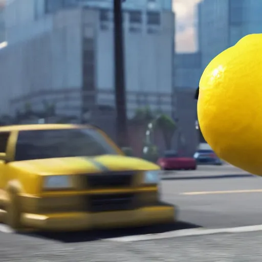 Image similar to A lemon getting run over by a car, Dramatic camera shot, Realistic, Unreal engine 5,