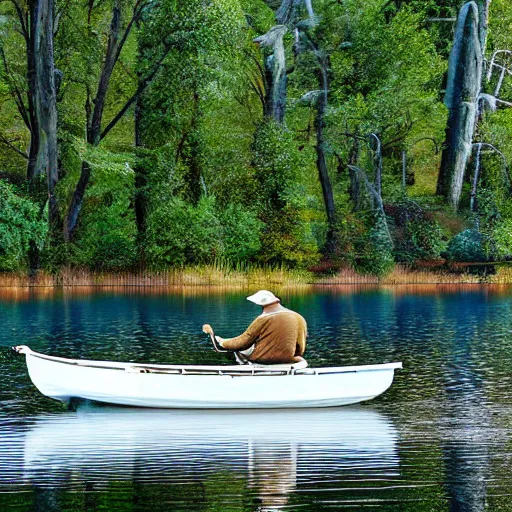 Image similar to surrealist fisherman in boat on calm lake with many trees along the shoreline during twillight