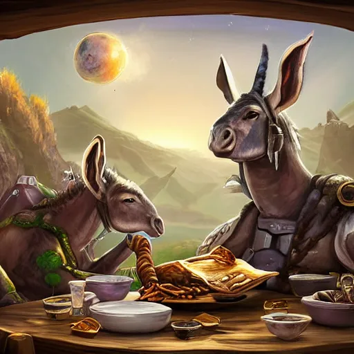 Image similar to zoom out, ultrarealistic, ultradetailed, war donkey eating breakfast, sitting on a futuristic table with aliens, at the end of the universe, very very very ultradetailed, epic fantasy style art, fantasy epic digital art, epic fantasy art, hearthstone style art, pathfinder, dungeons and dragons, floral, planets, stars, galaxies, highlights, organic, concept art