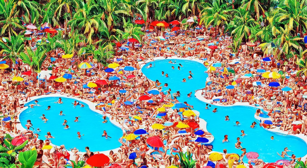 Image similar to where’s waldo, a beautiful day at a tropical pool,colorised,photograph