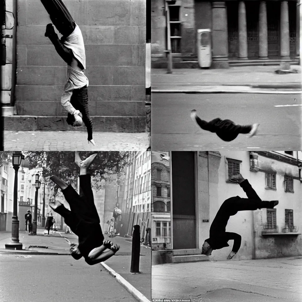 Prompt: A man doing a backflip in the street, photographed by Henri Cartier-Bresson on a Leica camera