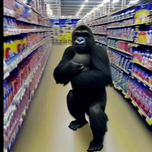 Image similar to photo of gorilla in walmart, cctv footage,