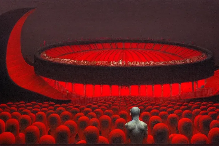 Prompt: only with red detailed white stone male statures's back, sportspalast amphitheatre, crowd hails him, in the style of beksinski, parts by edward hopper, parts by rodcenko, parts by yue minjun, intricate and epic composition, red by caravaggio, insanely quality, highly detailed, masterpiece, red light, artstation, 4 k