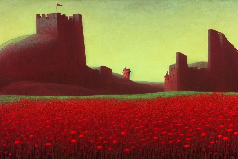 Image similar to only with red, red flowers of different types, a castle in the background, red giants rest over the flowers, in the style of beksinski, part by hopper, part by rodcenko, part by hofbauer, intricate composition, red by caravaggio, insanely quality, highly detailed, masterpiece, red light, artstation, 8 k