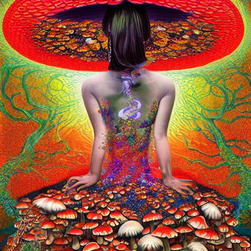 Image similar to a japanese psychedelic love goddess, a sense of awe, offering mushrooms, illustration, slime, amanita - muscaria, elegant, hyper realistic, super detailed, by tadanori yokoo