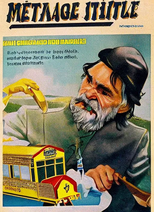 Prompt: vintage model train magazine advertisement depicting charles manson slipping on a banana peel