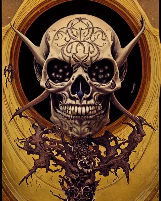 Image similar to perfectly centered portrait front view of a angry dead rotten beautiful daemon skull growing ornamentation all around, ornate, ornaments, detailed, symmetrical, elegant, beautifully soft lit, by wayne barlowe, peter mohrbacher, kelly mckernan, alphonse mucha