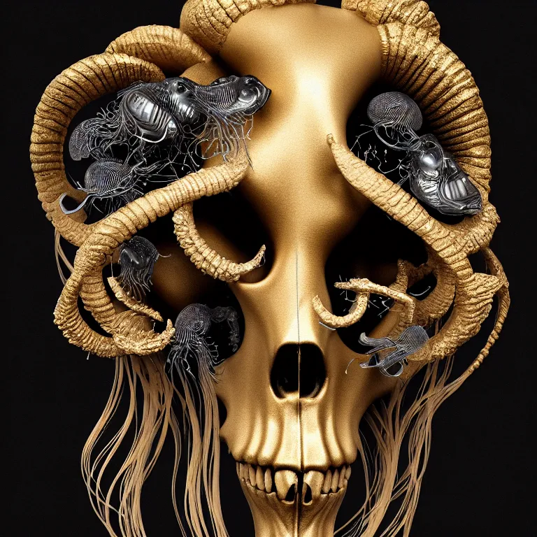 Image similar to black background. goddess princess face close-up portrait ram skull. sculpture made of gold and black charcoal. jellyfish phoenix head, nautilus, orchid, skull, betta fish, bioluminiscent creatures, intricate artwork by Tooth Wu and wlop and beeple. octane render, trending on artstation, greg rutkowski very coherent symmetrical artwork. cinematic, hyper realism, high detail, octane render, 8k