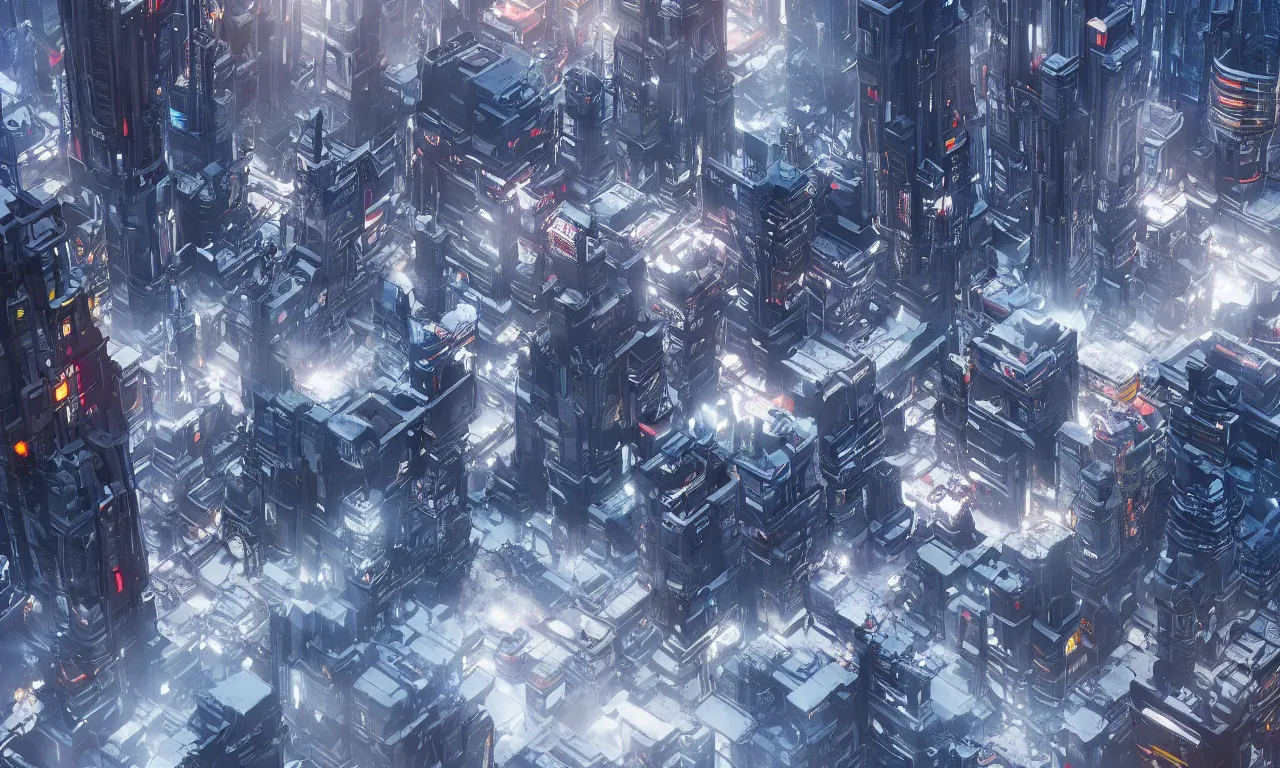 Prompt: futuristic sci - fi cyberpunk snow city, all buildings levitating above ground, extreme detail, backlight, volumetric light, unreal 5, octane rendering, vray, maya