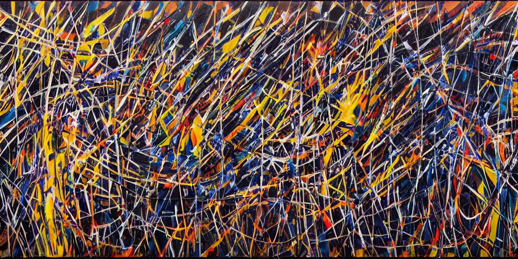 Image similar to an ultra detailed oil painting where the strings section of a symphony is interpreted by applied paint strokes, hyper - detailed, structured, grid, sheet music, pops of triadic colors, jackson pollock, pierre soulages