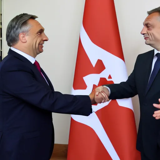 Prompt: Viktor Orban handshake to Andrew Tate, Hyperrealistic, 8k UHG,