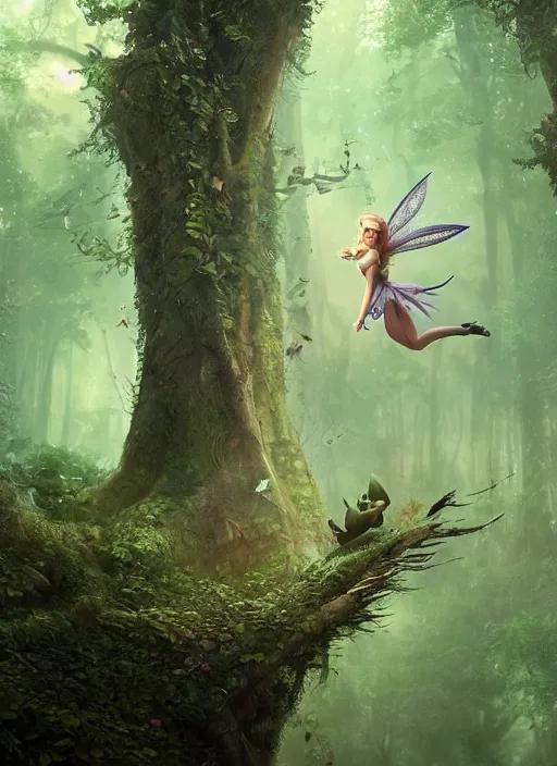 Image similar to evil tinker bell flying in an enchanted forest, flawless symmetrical pretty cute face, greg rutkowski, 8 k, shallow depth of field, intricate detail, concept art,