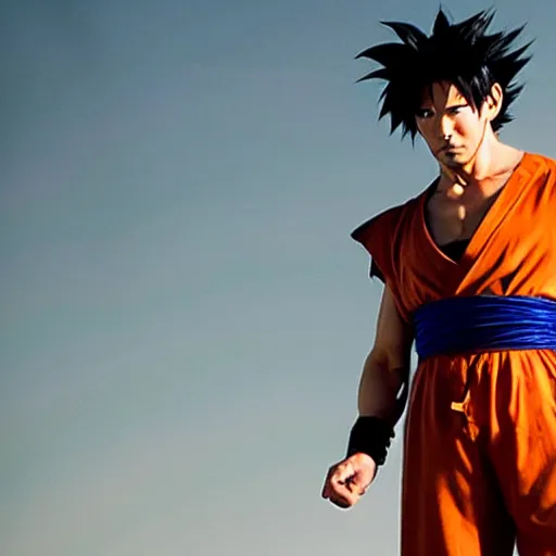 Prompt: photo of keanu reeves as goku in live action dragon ball z movie, cinematic movie still, 8 k hdr