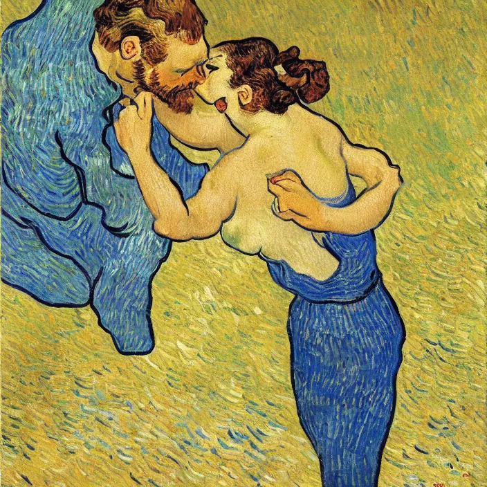 Image similar to one olive - skinned man and one woman kissing, painting by van gogh