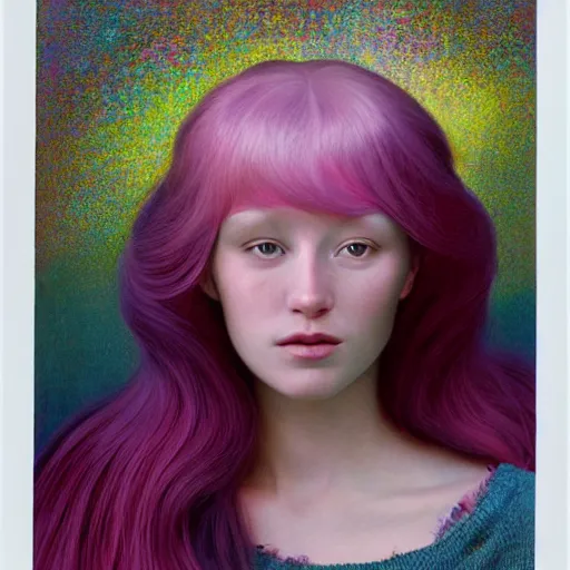 Prompt: A beautiful portrait of a woman with iridescent skin by James C. Christensen, scenic environment, pink hair