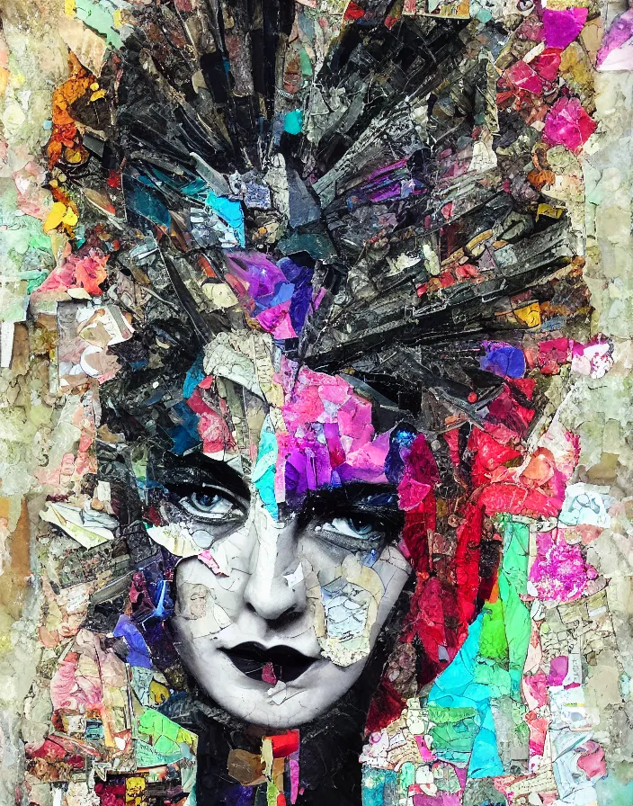 Prompt: divine psychic queen in contrast vivid detailed analogue mixed media collage with canvas texture in style of contemporary art, punk art, hyperrealistic beautiful face, photorealistic, expressionism, masterpiece, perfect composition, spectacular quality torn paper, intricate oil details, broken glass