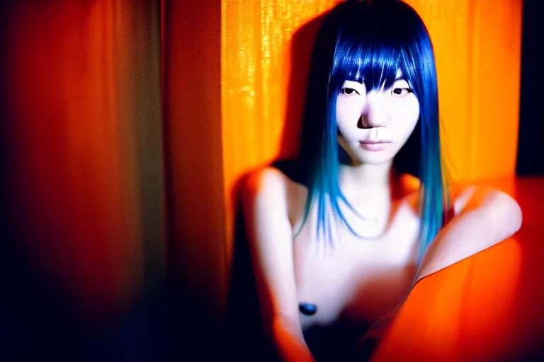 Prompt: photography masterpiece by haruto hoshi and yang seung woo, flash photography portrait of a beautiful japanese woman with dyed hair sitting in a inside a kyabakura night club, shot on a canon 5 d mark iii with a 3 5 mm lens aperture f / 5. 6, full frame, full res, film grain, dynamic composition, hyper realistic
