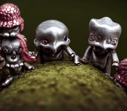 Image similar to miniature figurines of heironymus bosch monsters, close up, detail, tilt shift, product photography