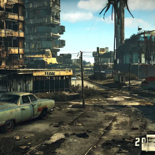 Prompt: Miami in ruins post-nuclear war in Fallout 4, in game screenshot