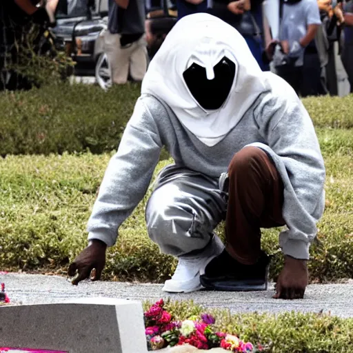 Image similar to rapper MF DOOM seen crawling out of his grave sporting his iconic mask