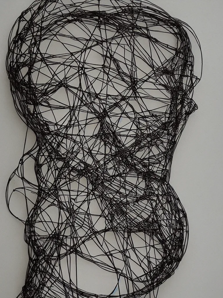 Prompt: beautiful elegant hanging thick metal wire art of a symmetrical and expressive female human face, influenced by gejza schiller portraits
