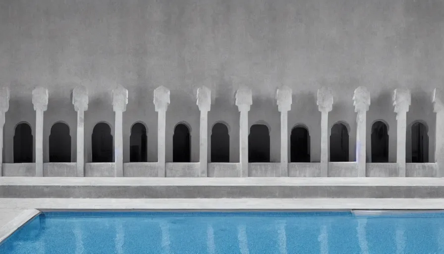 Image similar to symmetrical establishing shot of The unsettling courtyard of a monochrome modernist hotel designed by Luis Barragán, An empty swimming pool in the foreground. Walls are made of highly ornamented vaults arabesque arches Single point perspective photographed by Wes Anderson and Andreas Gursky. Cinematic, dramatic lighting, moody, eerie, illustration, uncanny, creepy Sigma 75mm, very detailed, golden hour, Symmetrical, centered, intricate, Dynamic Range, HDR,